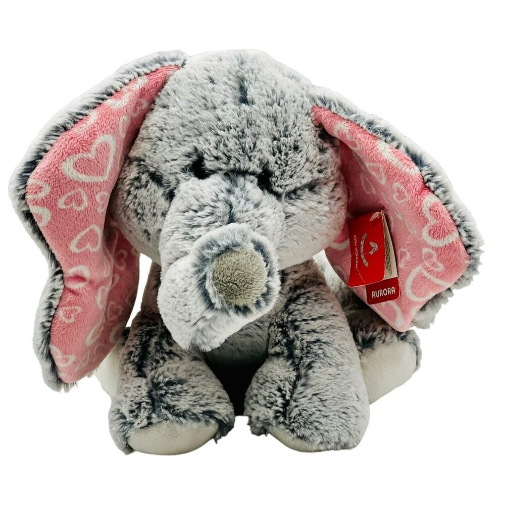 Aurora Gray Elephant Pink Hearts Ears Plush 10 inch Stuffed Animal Tags‎